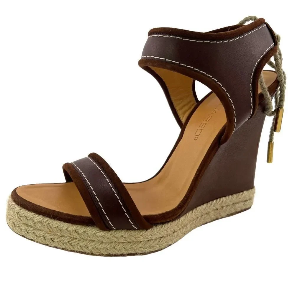 New DSQUARED2 Women US 8 Shoes Brown Leather Sandals Back Laced Platform Wedge